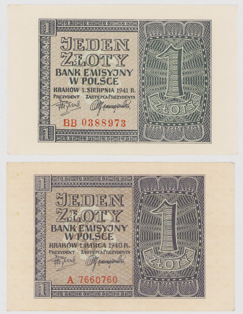1 złoty 1940 seria A i 1 złoty 1941 seria BB, zestaw 2 banknotów